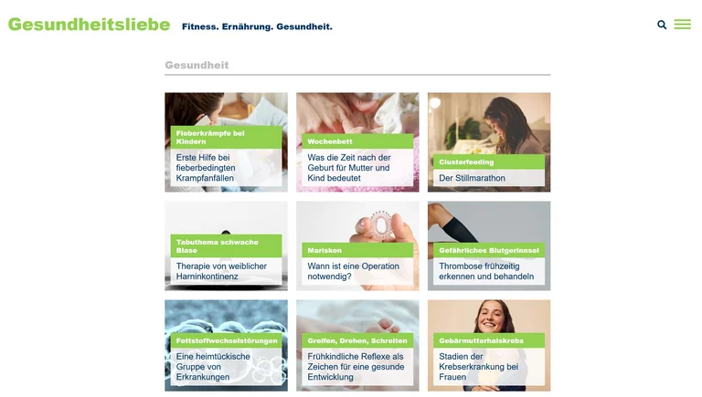 Screenshot der Gesundheitsliebe-Seite mit verschiedenen Artikeln