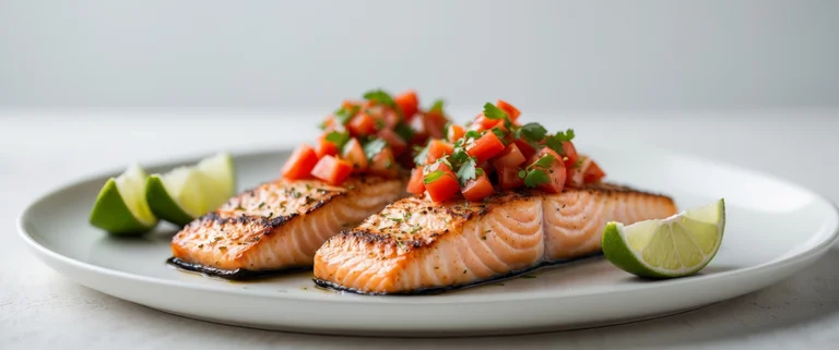 Fisch mit Gemüse auf einem weißen Teller.