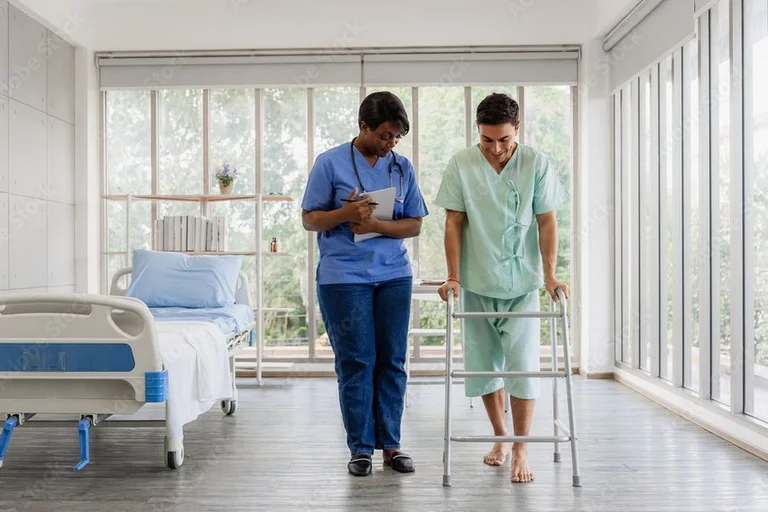 Pflegekraft begleitet einen Patienten beim Gehtraining mit Rollator in einem hellen Klinikzimmer – Bewegung als wichtiger Bestandteil der konservativen pAVK-Therapie.