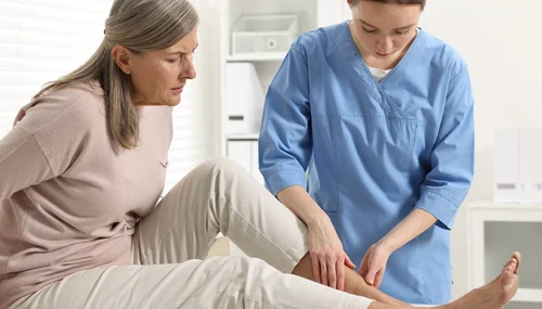 Ärztin im Gespräch mit einer Patientin über die Behandlung eines diabetischen Fußes.