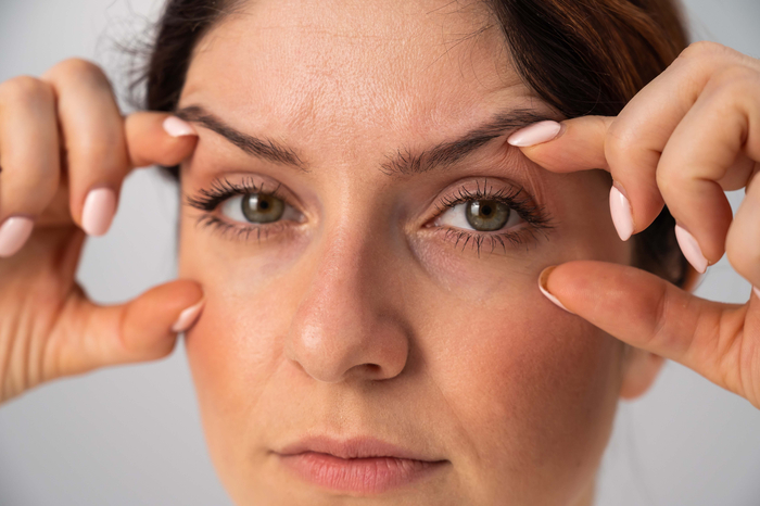 Eine Frau strafft mit den Händen die Haut um die Augen, um das Ergebnis einer Augenlidstraffung zu simulieren.